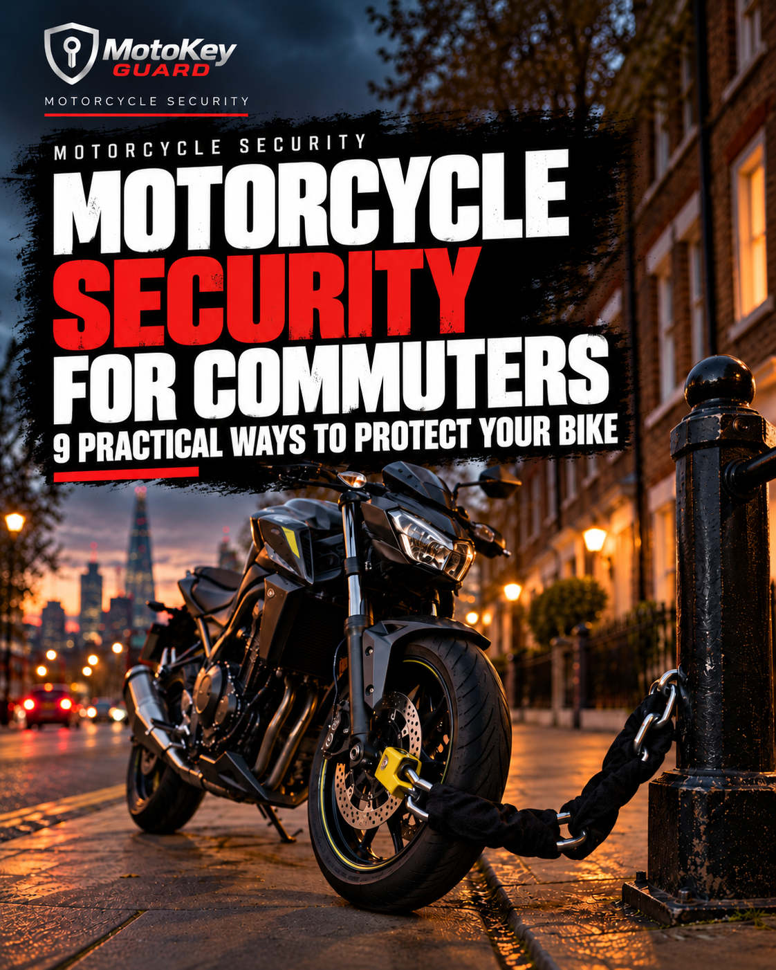 Motorcycle secured with a heavy-duty chain and disc lock on a London street at dusk, featuring MotoKey Guard's 9 practical motorcycle security tips for commuters.