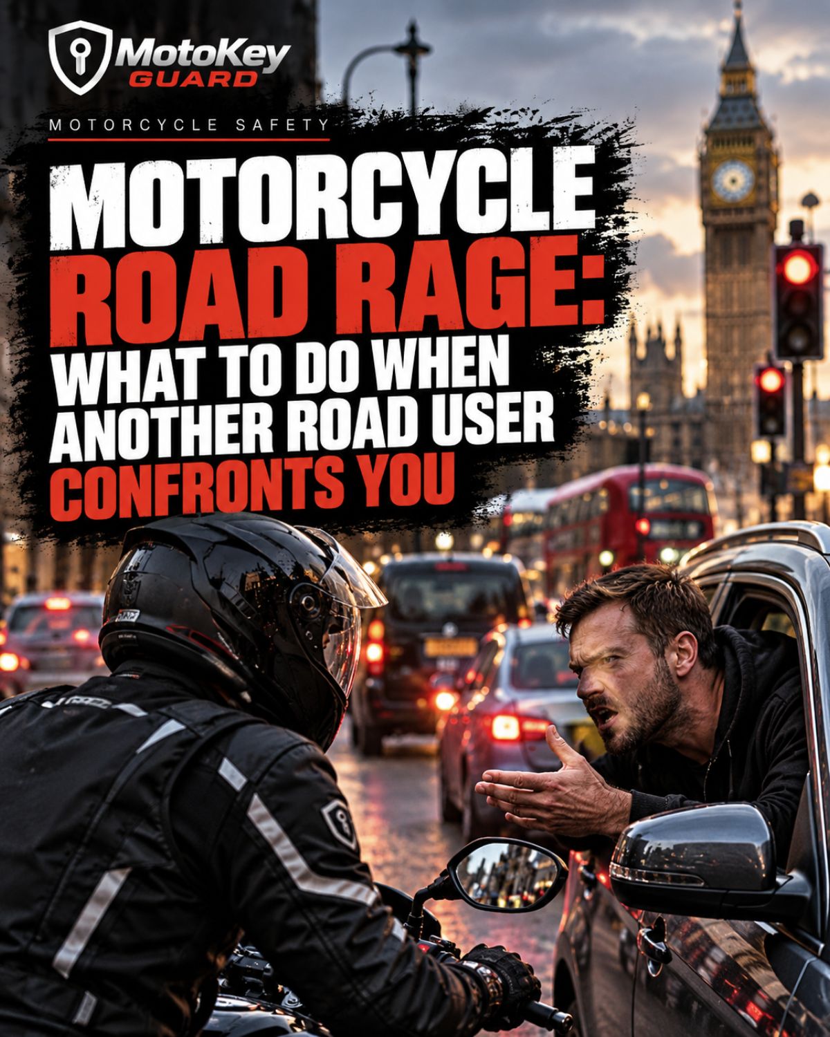 Motorcycle road rage confrontation in London traffic, showing an angry driver arguing with a motorcyclist, highlighting rider safety and the risks of aggressive road users.